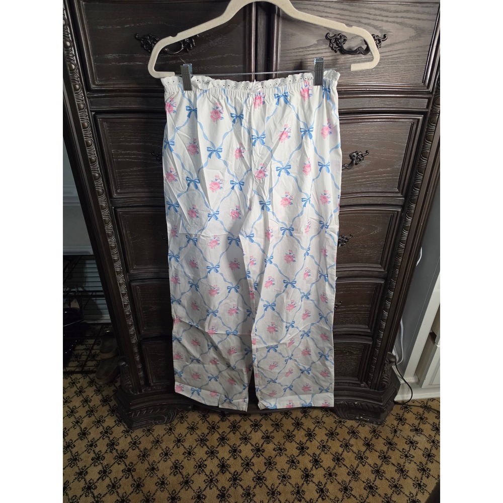 Peach Love California Floral Ribbon Eyelet Pajama Pants White Pink Blue Small